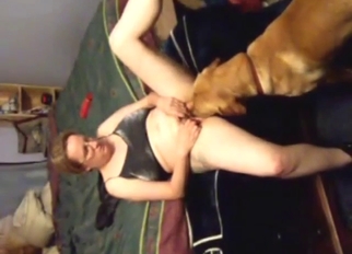Dog is going not far from venerate pussy and she loves it
